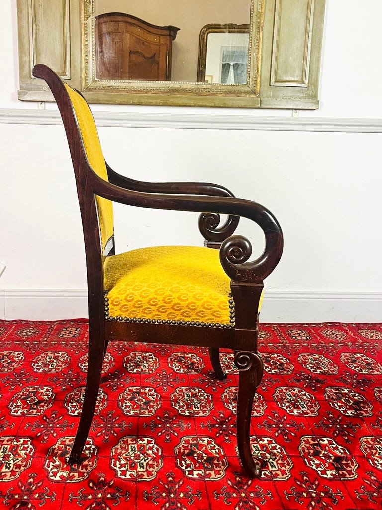Fauteuil En Bois Sculpté Et Velours Jaune - Epoque Restauration - France-photo-3
