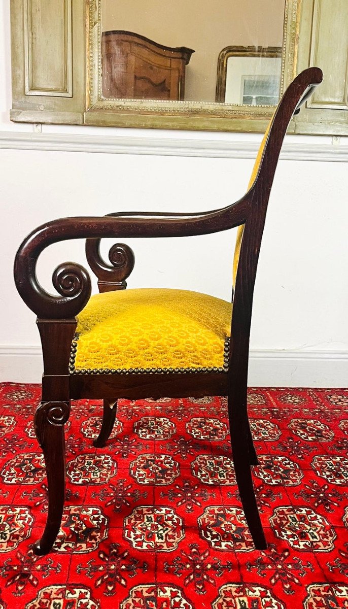 Fauteuil En Bois Sculpté Et Velours Jaune - Epoque Restauration - France-photo-2