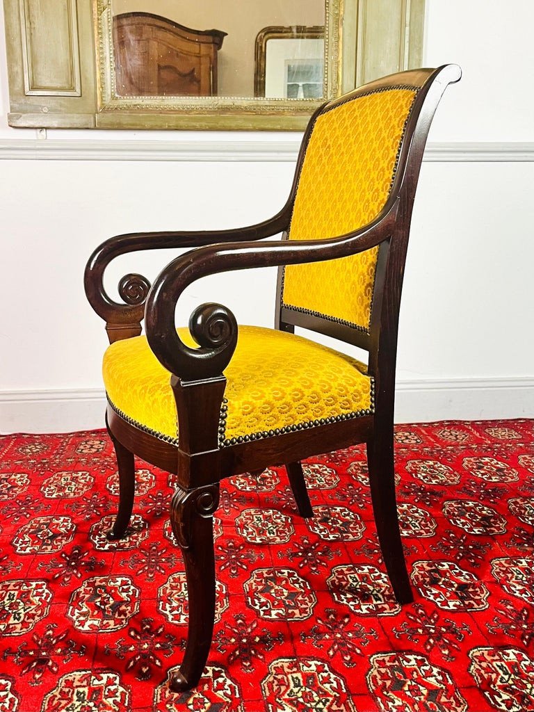 Fauteuil En Bois Sculpté Et Velours Jaune - Epoque Restauration - France-photo-7