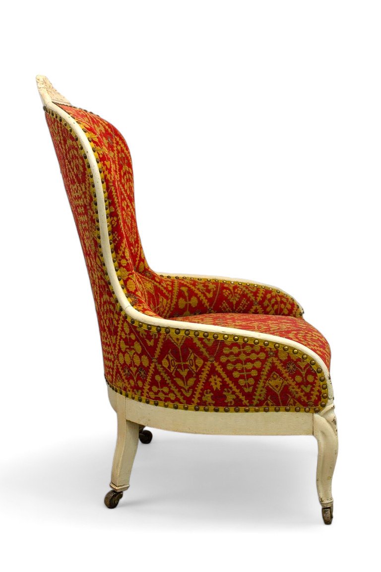 Small Red And Yellow Gold Upholstered Armchair - Louis XV Style - Napoleon III France Period-photo-3