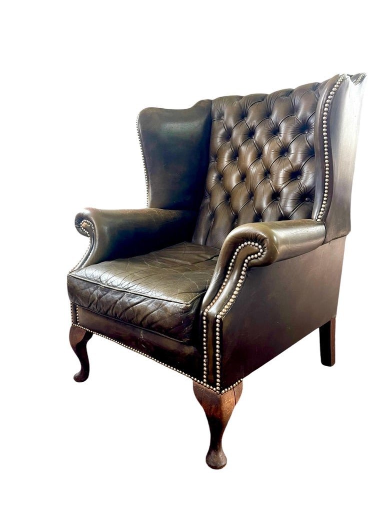 Fauteuil à Oreilles Chesterfield En Cuir Vert Marron – Angleterre-photo-3
