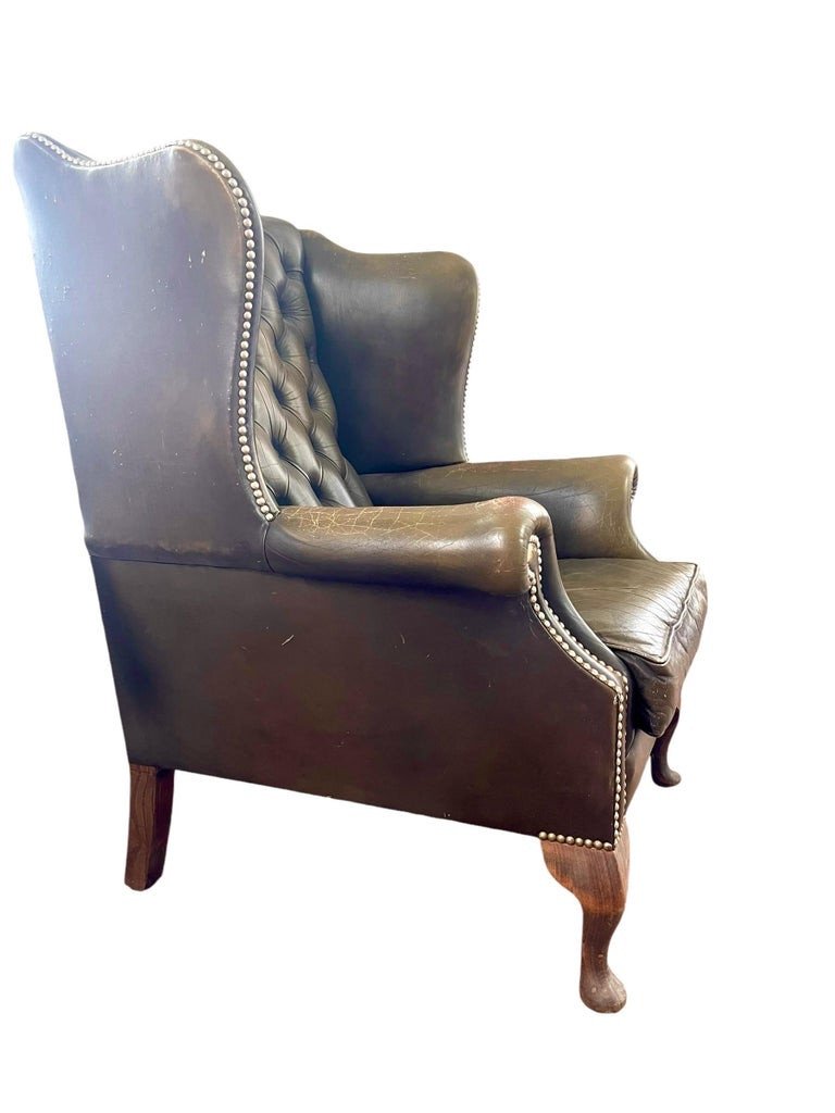 Fauteuil à Oreilles Chesterfield En Cuir Vert Marron – Angleterre-photo-8