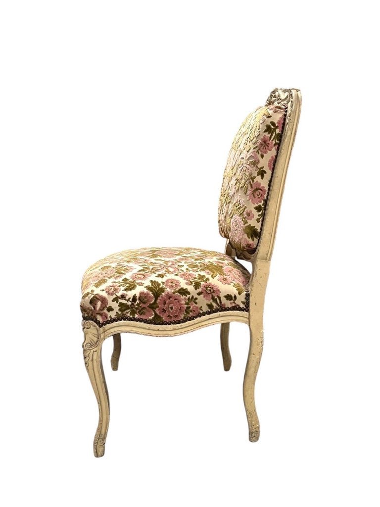 Paire De Chaises Bois Peint Sculpté Et Velours - Style Louis XV – France-photo-2