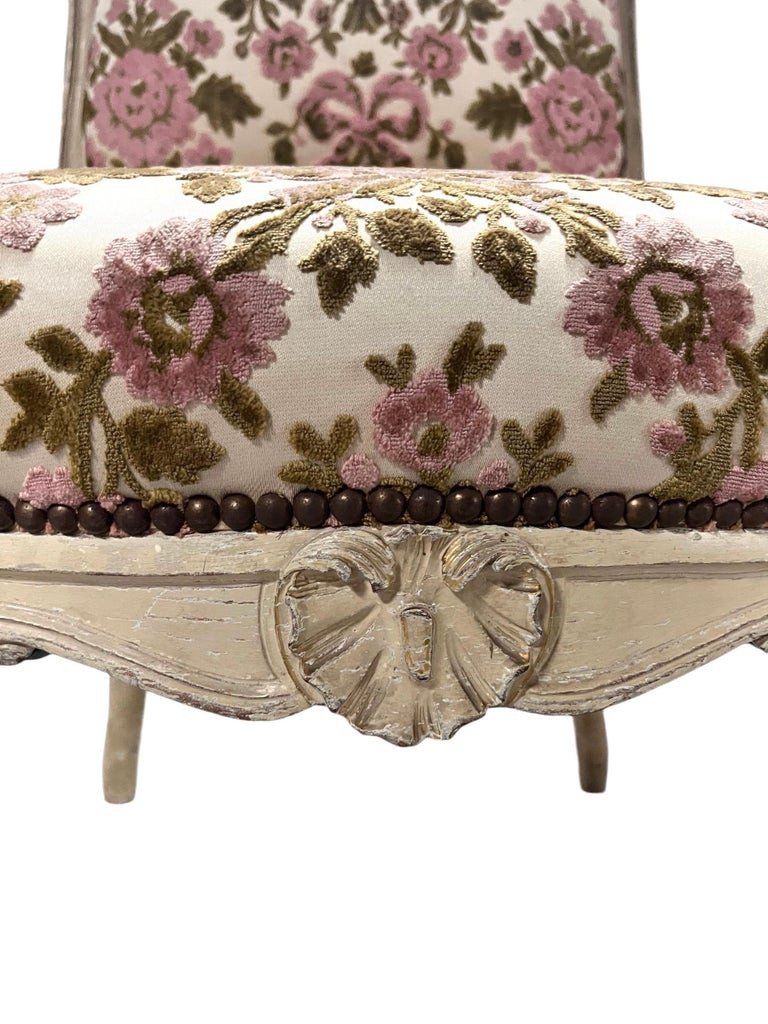 Paire De Chaises Bois Peint Sculpté Et Velours - Style Louis XV – France-photo-4