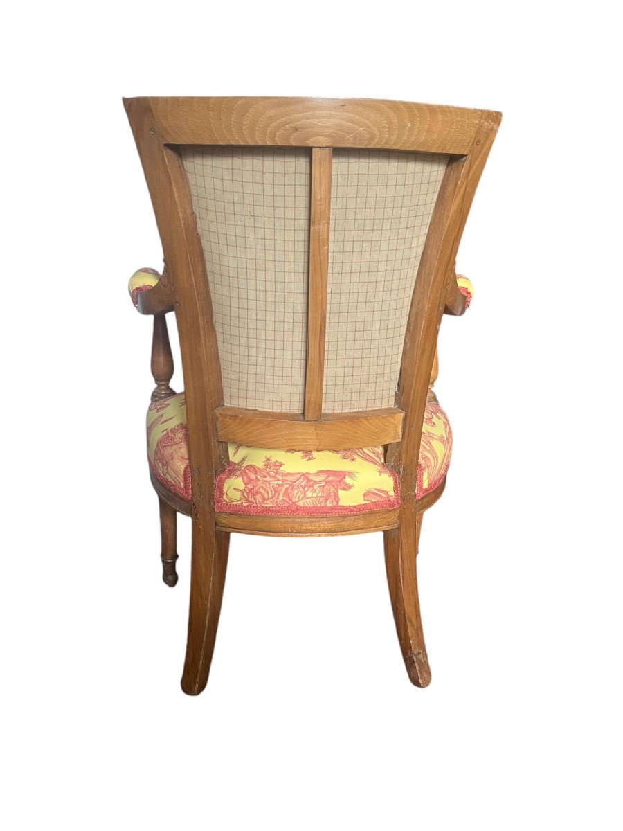 Louis XVI Cabriolet Armchair - Yellow And Pinkish Red Toile De Jouy - France-photo-4