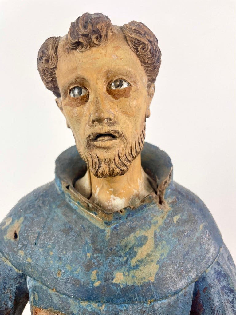 Statue Sculpture De Saint François d'Assise. Bois Polychrome. Espagne XVIIe/xviiie Siècle-photo-2