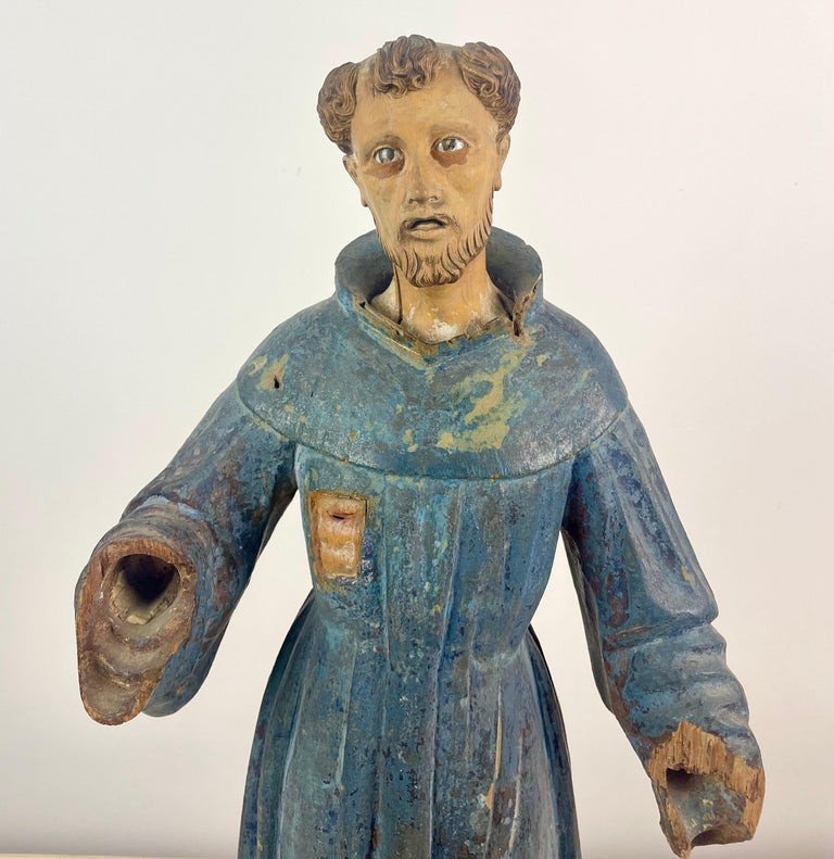 Statue Sculpture De Saint François d'Assise. Bois Polychrome. Espagne XVIIe/xviiie Siècle-photo-4