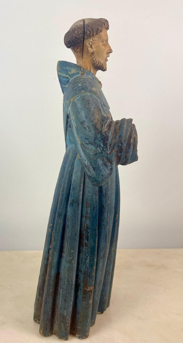 Statue Sculpture De Saint François d'Assise. Bois Polychrome. Espagne XVIIe/xviiie Siècle-photo-6