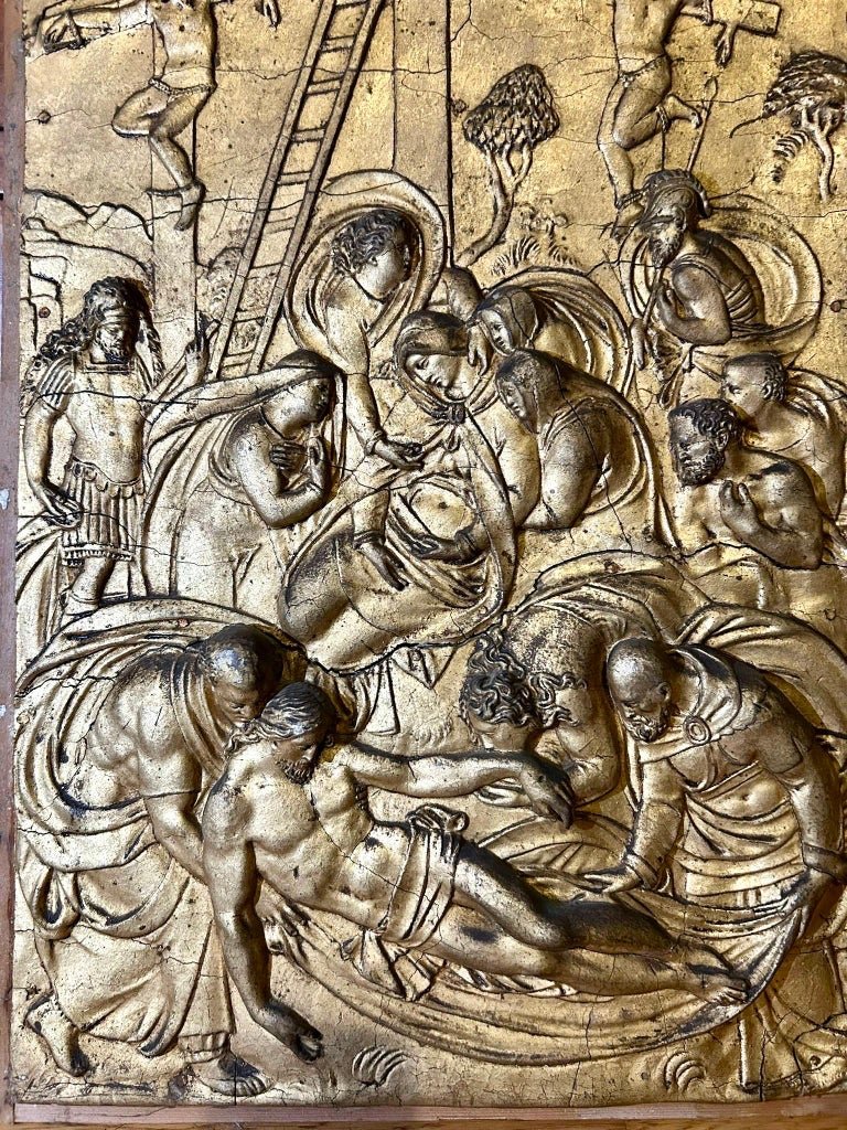Paire de panneaux baroques du XVIIIe, moulures en stuc doré fixées sur des panneaux de bois-photo-2