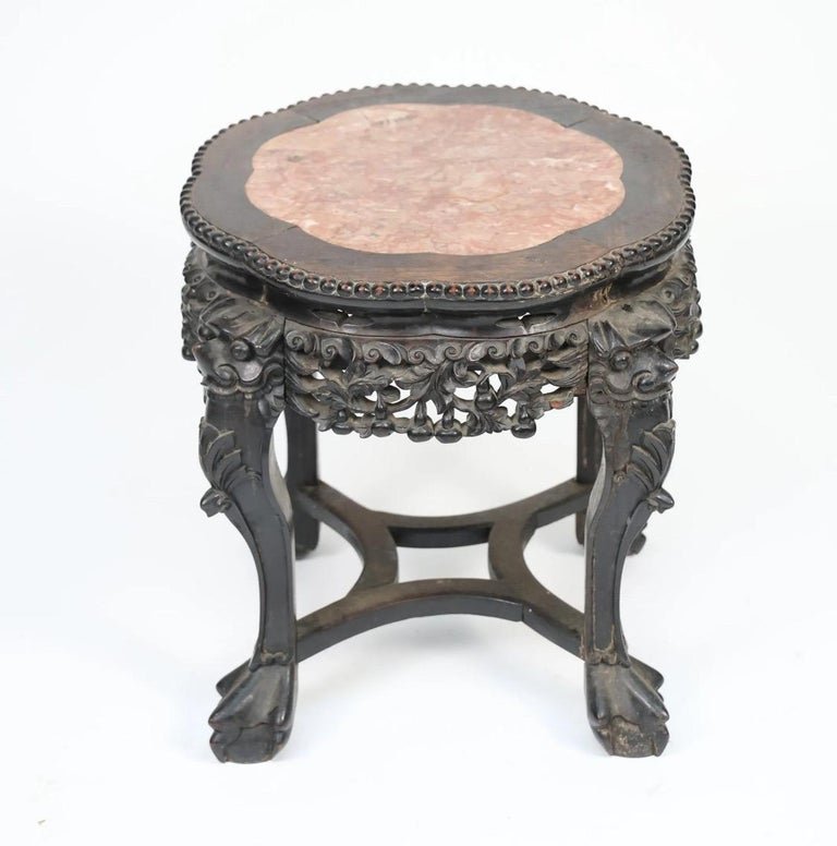Side Table, Console Table, Pedestal Table - Carved Wood And Marble - Carved Fo Dog - China - 19th Century-photo-4