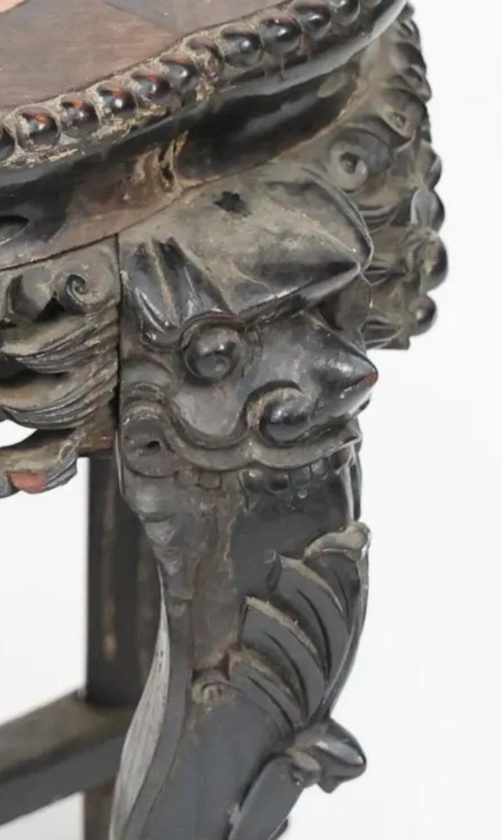 Side Table, Console Table, Pedestal Table - Carved Wood And Marble - Carved Fo Dog - China - 19th Century-photo-3