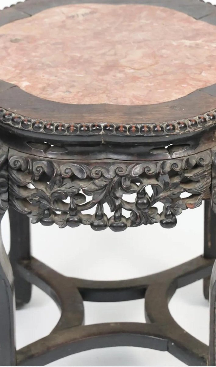 Side Table, Console Table, Pedestal Table - Carved Wood And Marble - Carved Fo Dog - China - 19th Century-photo-4