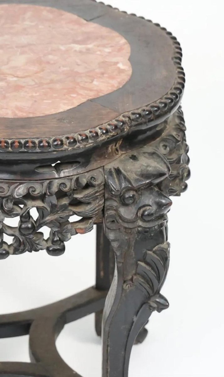 Side Table, Console Table, Pedestal Table - Carved Wood And Marble - Carved Fo Dog - China - 19th Century-photo-5