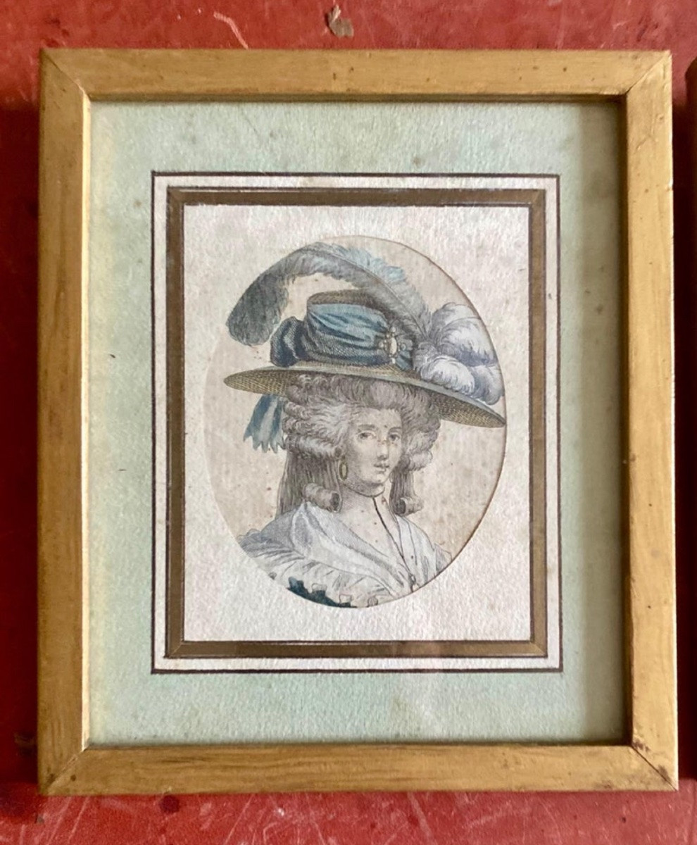 Paire de gravures encadrées représentant des élégantes - mode et coiffure - XVIIIe - France-photo-2