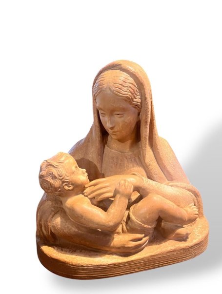 Vierge à l'Enfant en terre cuite, signée M. Normand, vers 1890-1910-photo-3