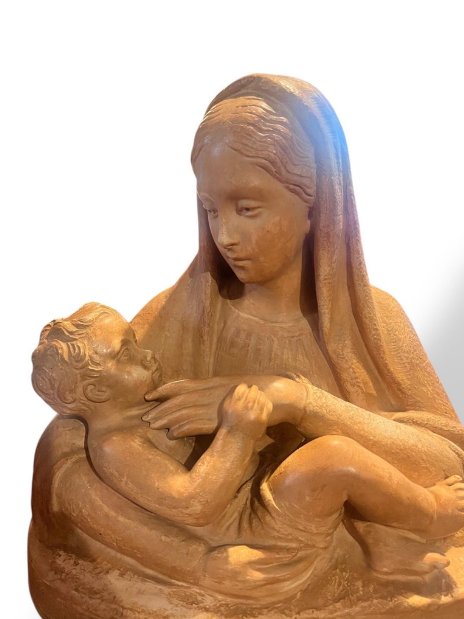 Vierge à l'Enfant en terre cuite, signée M. Normand, vers 1890-1910-photo-4