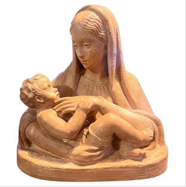 Vierge à l'Enfant en terre cuite, signée M. Normand, vers 1890-1910