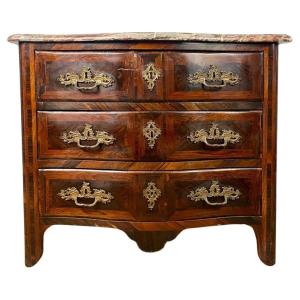 Curved French Commode From The Regency Period In Marquetry And Marble Top - 18th France