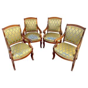 Suite De 4 Fauteuils En Acajou, époque Restauration, 19ème Siècle - France 