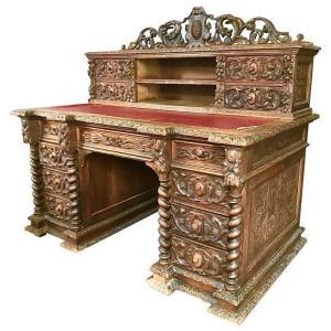 Neo-renaissance Desk In Hand Carved Wood Henri II Style Circa 1870