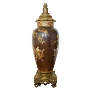 Vase Japonais En Porcelaine Satsuma Et Bronze Transformé En Lampe 19ème Siècle