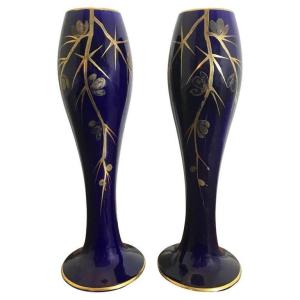 Maurice Pinon Heuze - Pair Of Blue And Gold Porcelain Vases Signed - Art Deco 1920 - France