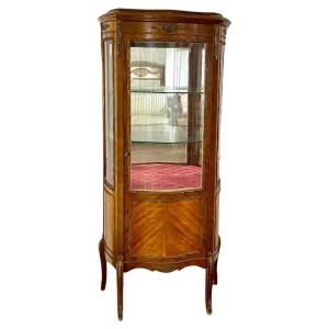 Cabinet Vitrine Marqueterie Acajou avec Miroir et Bronze- style Louis XV-  époque Napoléon III