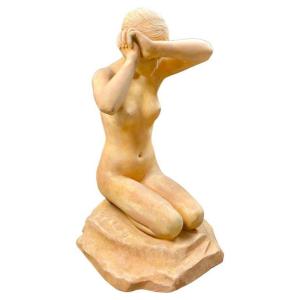 Terracotta Sculpture Of A Naked Woman "first Fault" - By Stanislas Lami - Art Nouveau