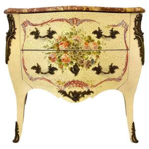 Venetian Painted Wood Commode With Floral And Marble Decor - Late 19th Century - Louis XV Style - Italy