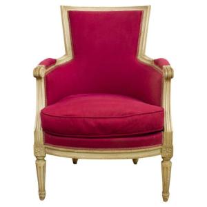 Louis XVI Style "shepherdess" Armchair White Lacquered And Pink Tapestry - 19th Century