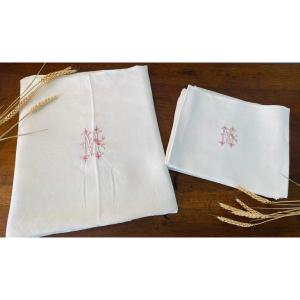 Set Of 6 Napkins And A Matching Tablecloth In Monogrammed Damask Linen M - 1900 Art Nouveau 