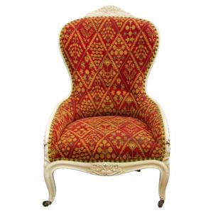Small Red And Yellow Gold Upholstered Armchair - Louis XV Style - Napoleon III France Period
