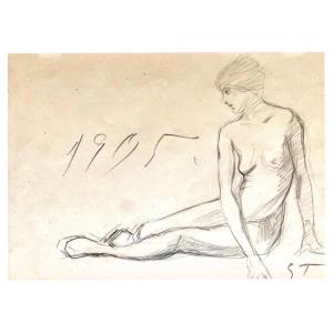 Théophile STEINLEN, Dessin au crayon  - nu  - daté de 1905