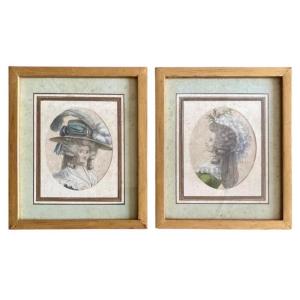Paire de gravures encadrées représentant des élégantes - mode et coiffure - XVIIIe - France