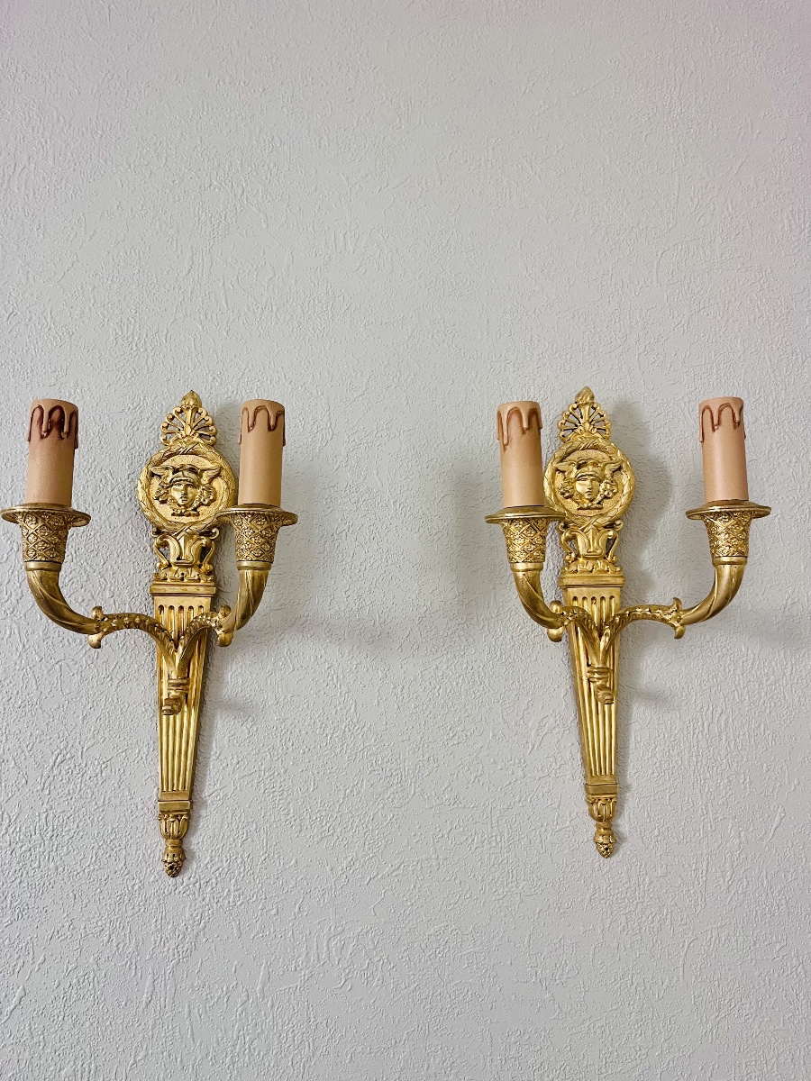 Pair Of Empire-style Wall Sconces - Gilded Bronze -photo-2