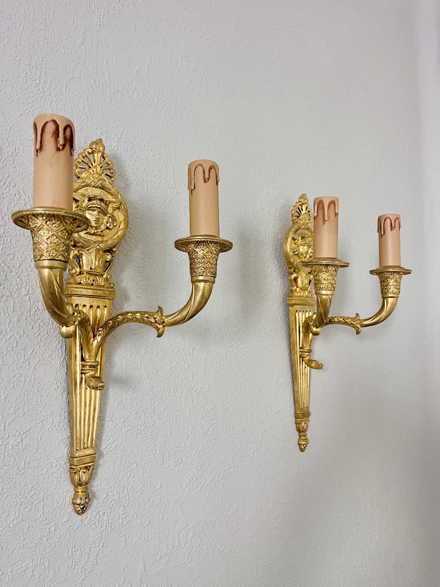 Pair Of Empire-style Wall Sconces - Gilded Bronze -photo-4