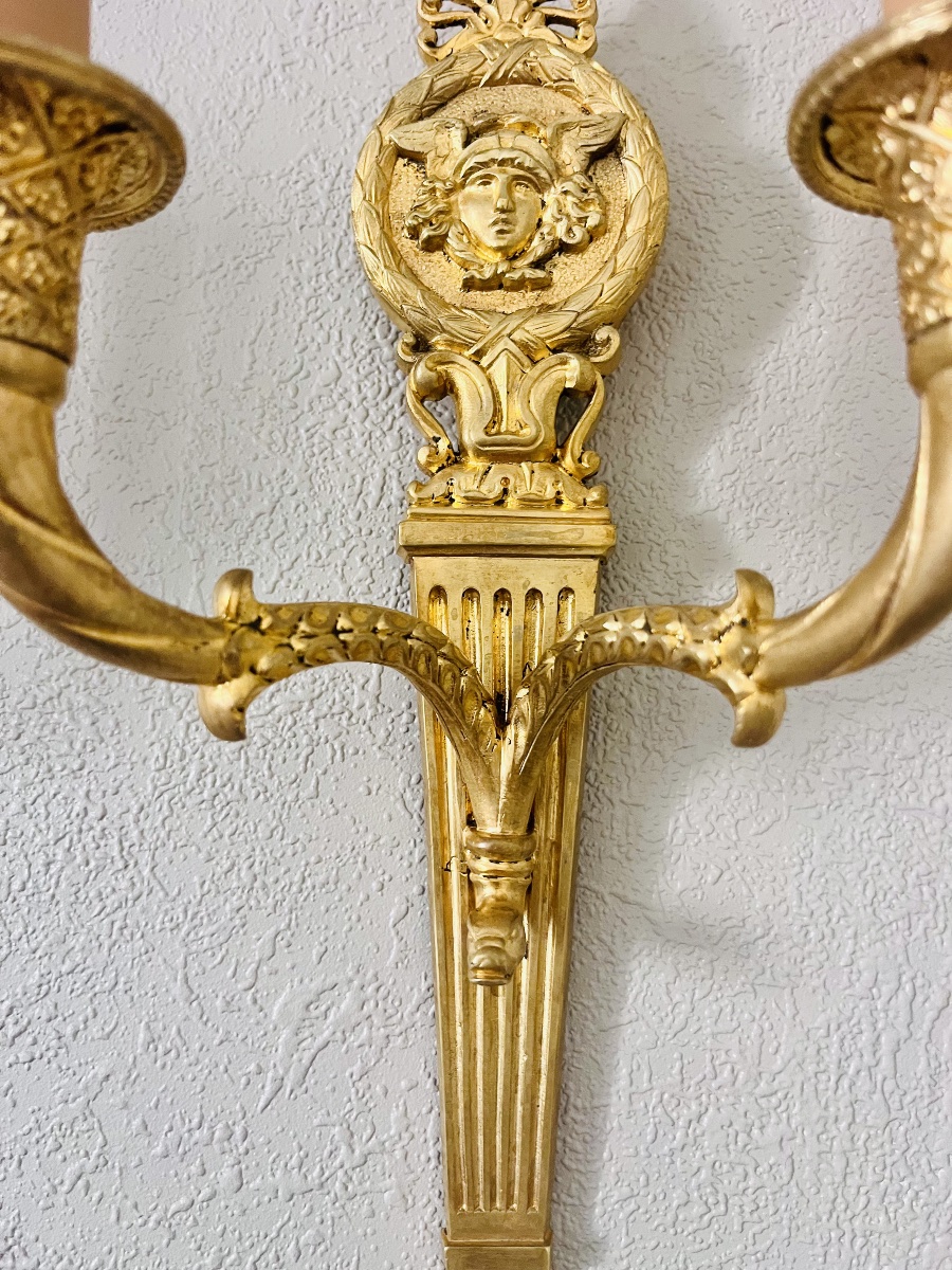 Pair Of Empire-style Wall Sconces - Gilded Bronze -photo-3