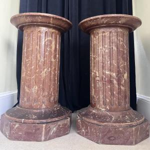 Paire De Colonnes En Bois Imitation Marbre - XIXème