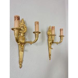 Pair Of Empire-style Wall Sconces - Gilded Bronze
