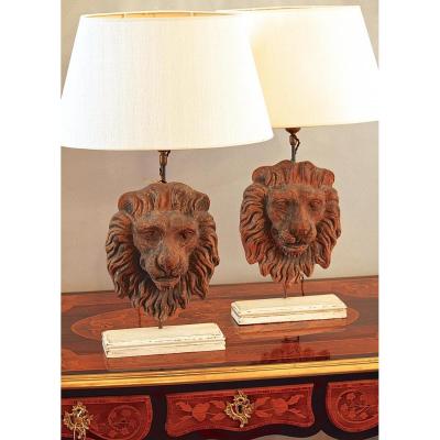 Pair Of Terracotta 18th Ct. Lions Head Table Lamps