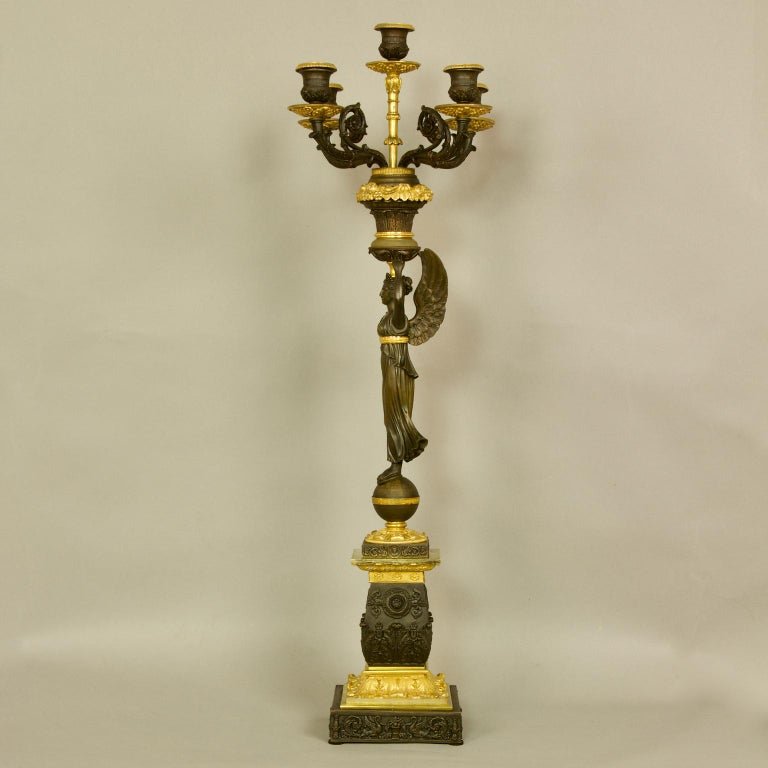 Pair Of Large Empire/charles X Ormolu And Patinated Bronze Victory Sculptures Candelabras-photo-2
