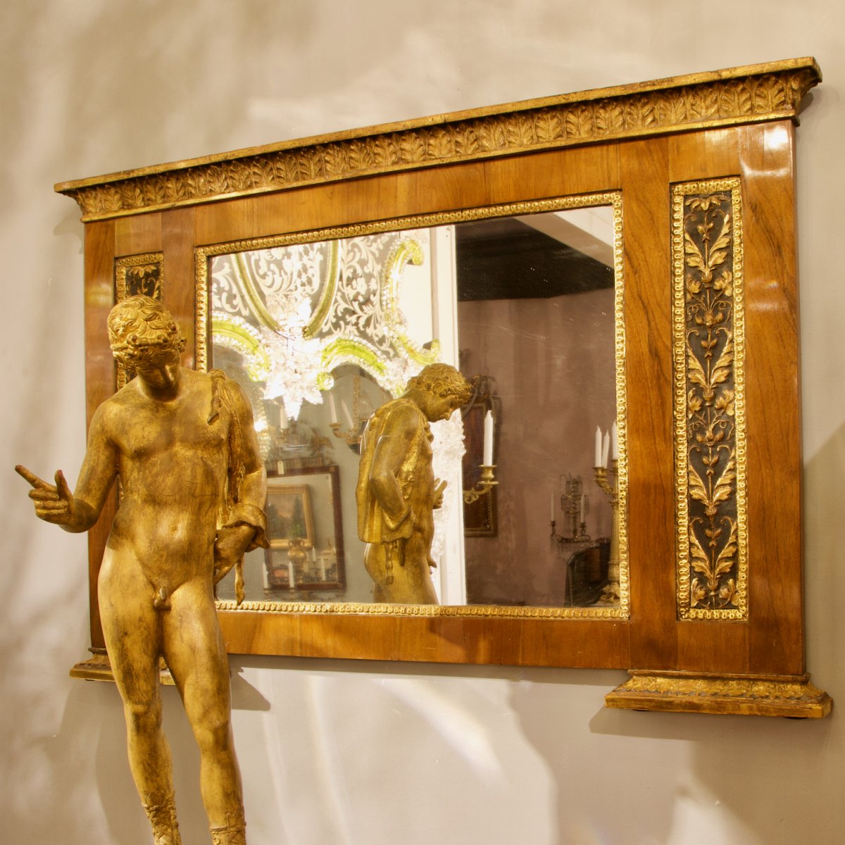 Early 19th Century North Italy Neoclassical Walnut Giltwood Overmantel Mirror-photo-2