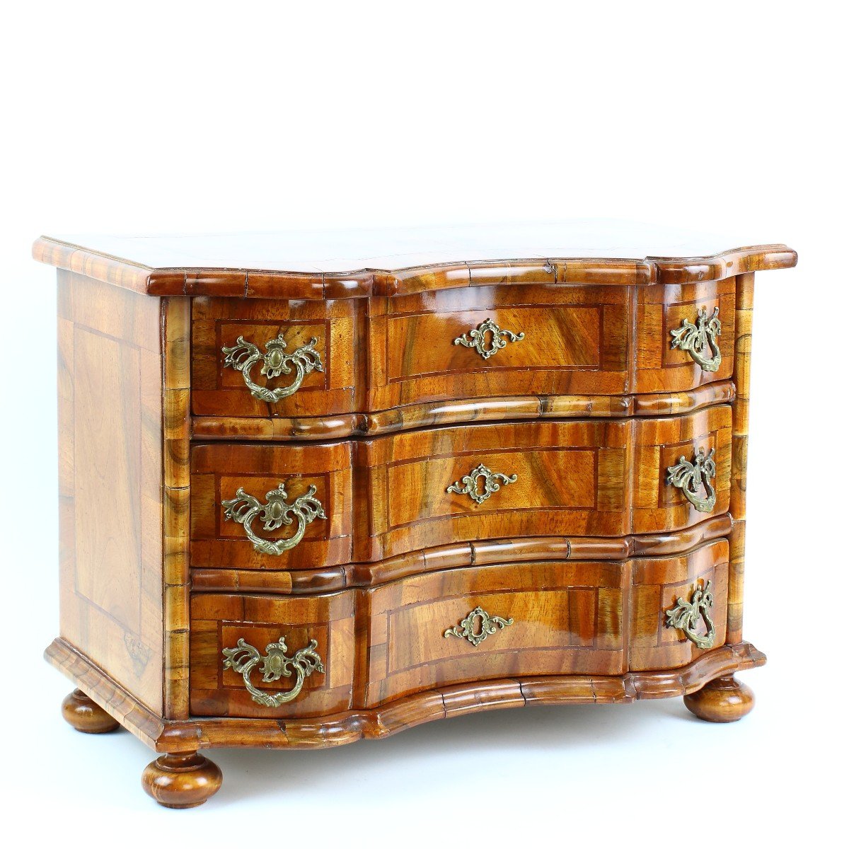 German Saxonian Baroque Style Miniature Walnut Veneer  Chest Of Drawers Or Commode-photo-2