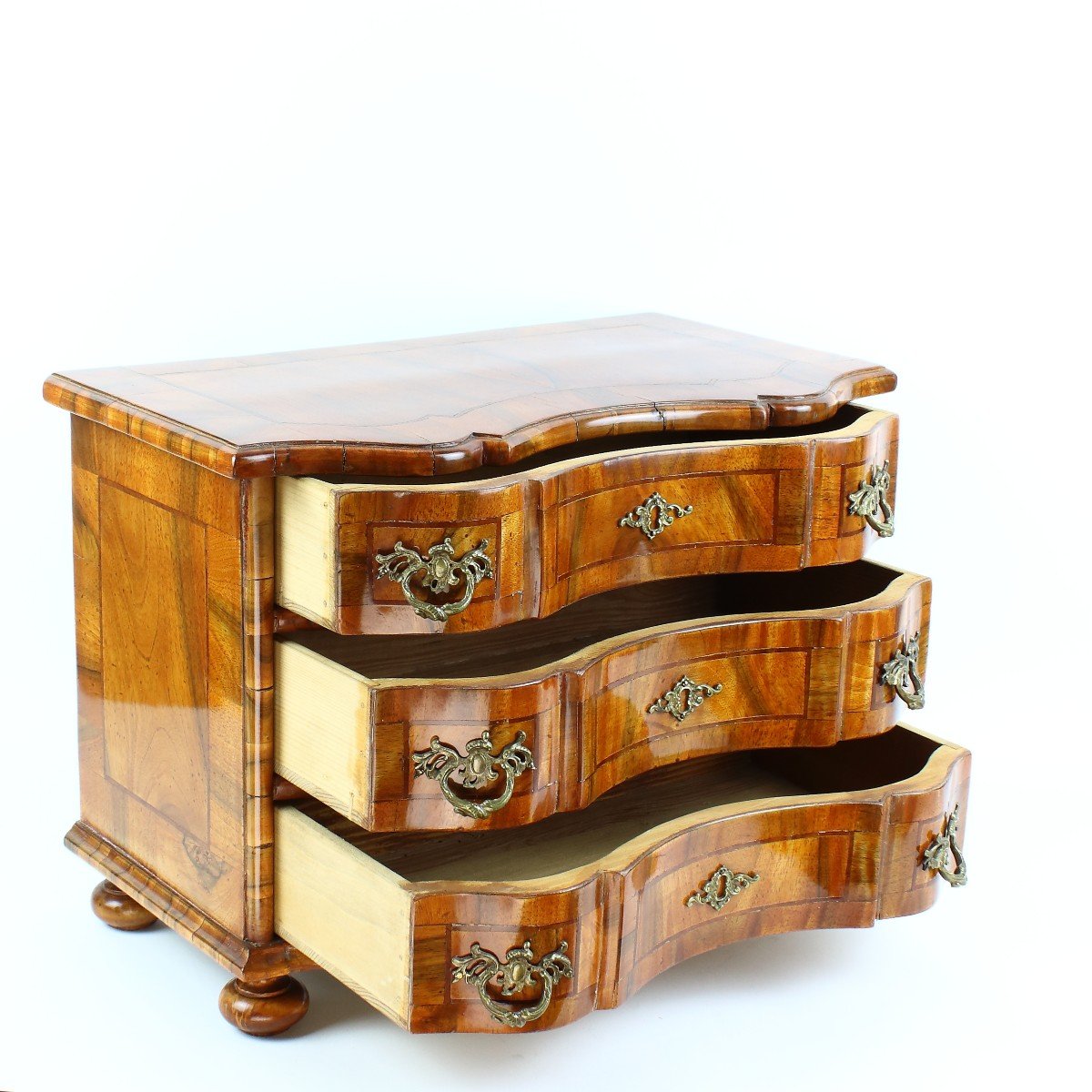 German Saxonian Baroque Style Miniature Walnut Veneer  Chest Of Drawers Or Commode-photo-3