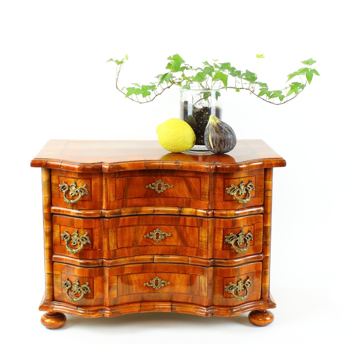 German Saxonian Baroque Style Miniature Walnut Veneer  Chest Of Drawers Or Commode