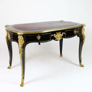 Napoleon III / Regency Style Ebonized Wood Writing Desk Or Bureau Plat, Stamped Gros/paris