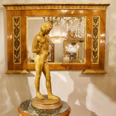 Miroir Cheminée Néoclassique Empire En Noyer Et Bois Sculpté, Italie, Début XIXe Siècle