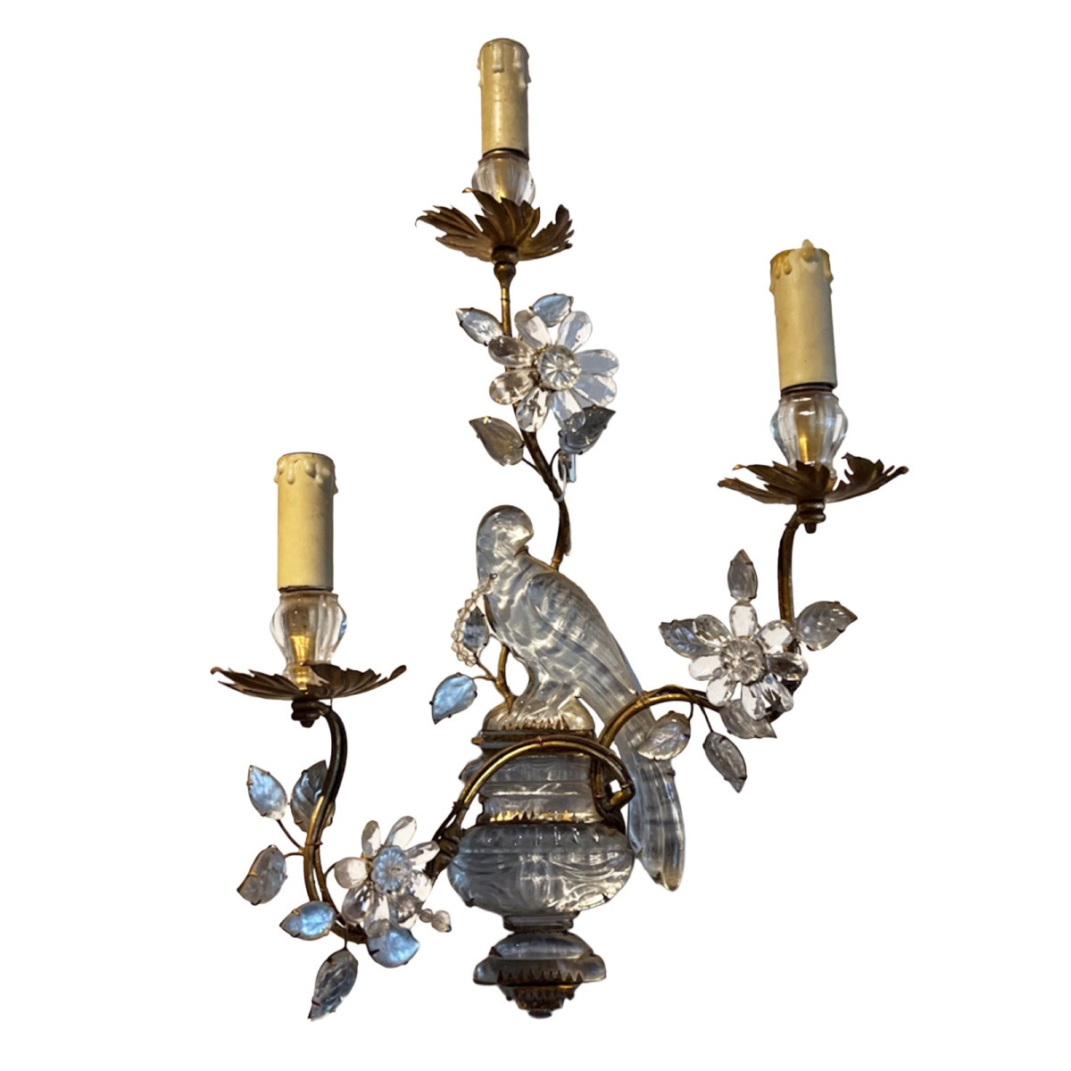 Large Pair Of Maison Baguès Wall Sconces With Parrot, Urns And 3 Torches-photo-2