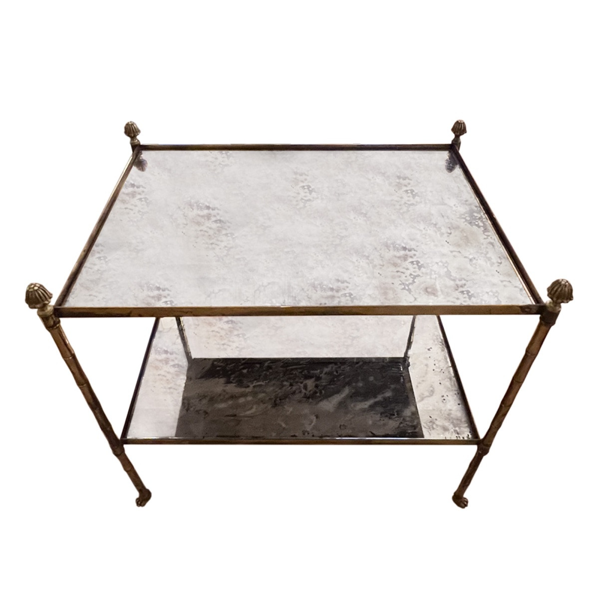 Paire de tables d'appoint françaises en laiton des années 1950 avec verre églomisé et pieds en -photo-1