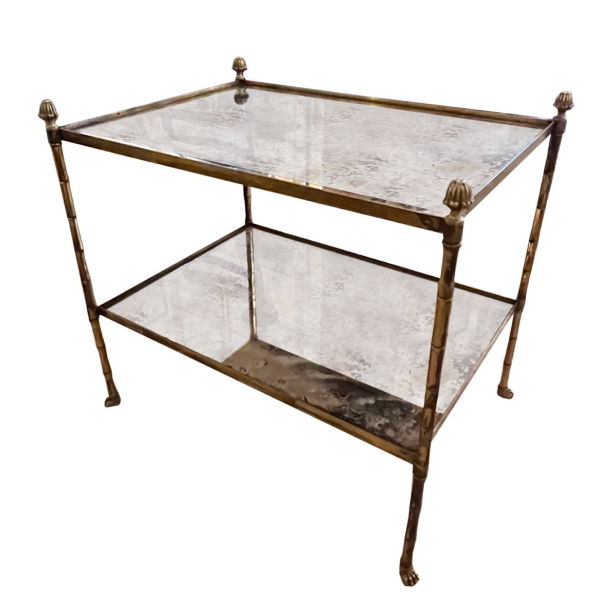 Paire de tables d'appoint françaises en laiton des années 1950 avec verre églomisé et pieds en -photo-3